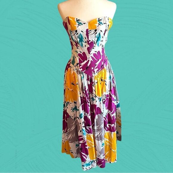 Vintage 80s sweetheart strapless drop waist cotton dress - Picture 1 of 16